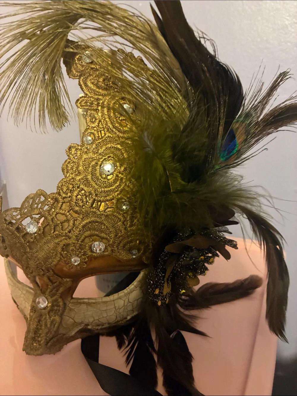 Gold Lace Masquerade Face Mask with Feather Accents
